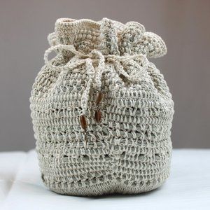 Handcrafted Cream Light Sage Green Crochet Drawstring Pouch Bag